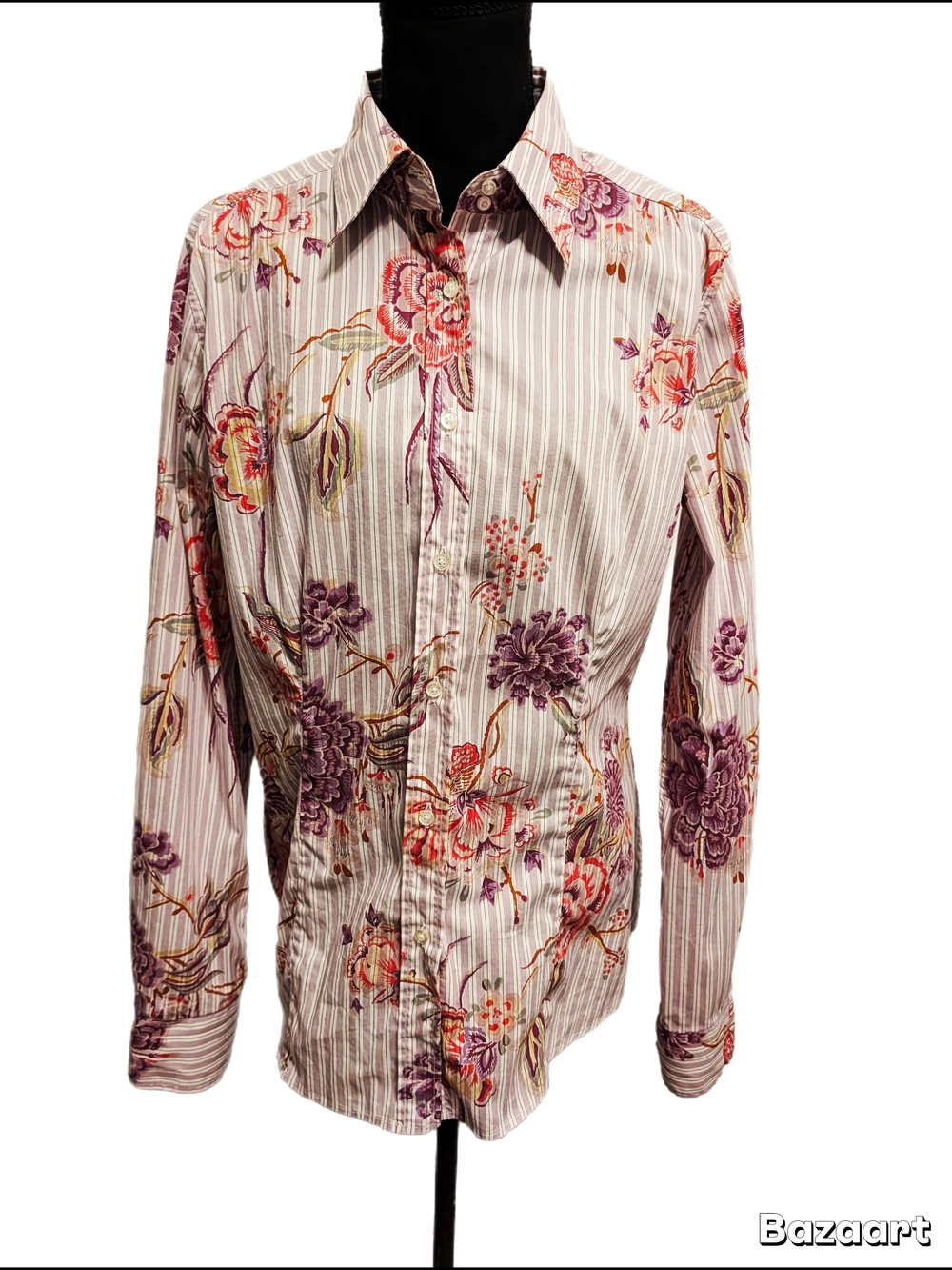 Etro White Striped Button-Down Shirt with Purple & Pink Floral Print